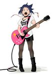  3584mha black_legwear black_shorts blue_hair boku_no_hero_academia boots casual choker ear_piercing earplugs electric_guitar full_body guitar highres instrument jirou_kyouka les_paul looking_at_viewer open_mouth pantyhose piercing shirt short_sleeves shorts simple_background solo sweat t-shirt teeth twitter_username white_background wire 