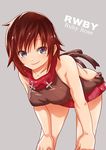  hands_on_own_knees kaogei_moai leaning_forward looking_at_viewer meme_attire red_hair ruby_rose rwby silver_eyes skirt smile virgin_killer_sweater 