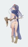  ass blue_hair blush breasts cape circlet cleavage commentary dragon_quest dragon_quest_iii dress elbow_gloves flat_ass from_behind full_body gloves head_tilt long_hair looking_at_viewer no_panties parted_lips popman3580 red_eyes sage_(dq3) short_dress simple_background small_breasts solo staff thighs 