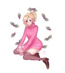  alternate_costume artist_name black_footwear black_legwear blonde_hair blush breasts closed_mouth commentary cup halo highres holly long_sleeves looking_at_viewer medium_breasts mercy_(overwatch) nose_blush overwatch pink_sweater shari_cote shoes simple_background sitting sleeves_past_wrists solo sweater thighhighs white_background yokozuwari 