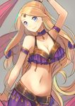  1girl arabian_clothes blonde_hair blue_eyes breasts choker harem_outfit large_breasts long_hair looking_at_viewer navel simple_background smile solo standing tiara umasanjin 