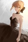  artoria_pendragon_(all) bare_shoulders blonde_hair breasts choker cleavage dress fate/grand_order fate_(series) grey_background highres hoojiro medium_breasts saber_alter sketch strapless strapless_dress yellow_eyes 