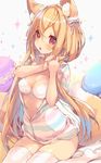  animal_ear_fluff animal_ears blonde_hair blush bra breasts cleavage eyebrows_visible_through_hair fox_ears fox_tail hair_between_eyes hair_ornament highres long_hair medium_breasts open_clothes open_mouth open_shirt original p19 red_eyes shirt sitting solo tail thighhighs underwear white_bra white_legwear zipper 