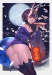  1girl ass bangs black_legwear blunt_bangs border breasts cup fang fate/grand_order fate_(series) flower full_moon hair_ornament highres horns japanese_clothes lack lantern looking_at_viewer moon oni oni_horns purple_eyes purple_hair sakazuki short_hair shuten_douji_(fate/grand_order) small_breasts smile solo thighhighs wide_sleeves 