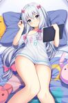  3: adrenaline!!! bangs bare_legs blue_eyes blush bow breasts clothes_writing commentary_request eromanga_sensei hair_bow highres holding holding_stylus izumi_sagiri knees_together_feet_apart long_hair looking_at_viewer lying naked_shirt off_shoulder on_bed pillow pink_bow qunqing shirt silver_hair small_breasts solo stuffed_toy stylus tablet very_long_hair 