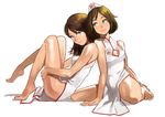  2girls blue_eyes breasts brown_hair china_dress chinese_clothes cleavage green_eyes honchan long_hair medium_breasts multiple_girls myschan nchallenge nchans short_hair simple_background sitting smile white_dress yomu_(sgt_epper) 