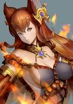  animal_ears anthuria breasts cleavage covered_nipples detached_sleeves erune fire granblue_fantasy hair_ornament highres large_breasts long_hair looking_at_viewer off_shoulder red_eyes red_hair shimashima_(simasima_23) solo 