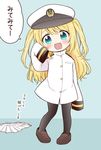  :d alternate_costume aqua_eyes atago_(kantai_collection) black_legwear blonde_hair child commentary cosplay female_admiral_(kantai_collection) female_admiral_(kantai_collection)_(cosplay) hat kantai_collection long_hair looking_at_viewer migu_(migmig) military military_uniform naval_uniform open_mouth oversized_clothes pantyhose peaked_cap shoes skirt skirt_removed sleeves_past_fingers sleeves_past_wrists smile solo translated two_side_up uniform white_skirt younger 