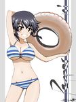  2017 bikini bikini_under_clothes black_hair braid breasts brown_shorts bukkuri character_name cowboy_shot dated dress_shirt girls_und_panzer grin groin highres innertube large_breasts looking_at_viewer navel o-ring o-ring_top open_clothes pepperoni_(girls_und_panzer) shirt short_hair shorts side_braid signature smile solo striped striped_bikini swimsuit underboob 