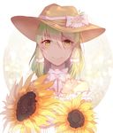  bare_shoulders dress flower flower_ornament green_hair hair_ornament hat highres lingmuqianyi looking_at_viewer new_orleans_(zhan_jian_shao_nyu) short_hair smile sunflower sunlight upper_body white_dress yellow_eyes zhan_jian_shao_nyu 