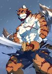  2017 anthro beard big_muscles clothed clothing facial_hair feline male mammal melee_weapon muscular muscular_male scar silentheaven simple_background solo sword tiger topless weapon 