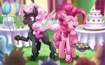  balloon black_chitin changeling clothed clothing cutie_mark duo earth_pony equine eyes_closed female feral food friendship_is_magic fur hair happy horse insect_wings mammal my_little_pony open_mouth pink_eyes pink_fur pink_hair pink_sclera pinkie_pie_(mlp) pony sharp_teeth smile teeth tongue vavacung wings 