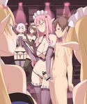  5girls bar_censor blonde_hair brown_hair censored choker clothed_female_nude_male demon_girl detached_collar elbow_gloves extra femdom garter_belt gloves handjob head_wings hetero ishinoyari kono_subarashii_sekai_ni_shukufuku_wo! maid_headdress multiple_girls nude penis penis_grab pink_hair pointy_ears public revealing_clothes satou_kazuma shinjin_succubus_(konosuba) succubus testicles thighhighs thong uketsuke_succubus_(konosuba) white_hair 