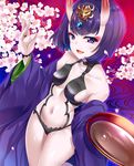  :d alcohol blush breasts cherry_blossoms cup eyeshadow fang fate/grand_order fate_(series) flower hinata_sora horns japanese_clothes jewelry kimono makeup navel oni oni_horns open_mouth purple_eyes purple_hair sakazuki sake shiny shiny_skin short_hair shuten_douji_(fate/grand_order) small_breasts smile solo 