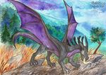  day dragon forest fuzzymaro mountain traditional_media_(artwork) tree watercolor_(artwork) 
