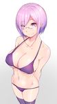  absurdres arms_behind_back bad_id bad_pixiv_id bikini breasts cleavage closed_mouth collarbone commentary_request covered_nipples eyebrows_visible_through_hair eyes_visible_through_hair fate/grand_order fate_(series) foreshortening glasses gradient gradient_background gradient_hair highres large_breasts legs_together looking_at_viewer mash_kyrielight multicolored_hair navel purple_bikini purple_eyes purple_legwear sawawse shiny shiny_skin short_hair skindentation smile solo standing strap_gap swimsuit thighhighs 