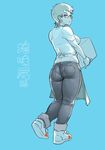  ass blonde_hair blue blue_background box breasts carrying copyright_request denim from_behind green_eyes jeans looking_at_viewer looking_back medium_breasts mikoyan pants short_hair solo translation_request 