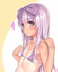  3.1-tan aoi_kumiko bikini blush bow commentary_request eyebrows_visible_through_hair eyes_visible_through_hair flat_chest hair_bow heart highres long_hair micro_bikini one-piece_tan os-tan pink_eyes purple_bikini purple_hair ribs smile solo swimsuit tan tanline upper_body 