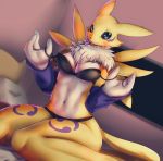  bed black_sclera breasts chest_tuft clothing digimon digimon_(species) dressing female hopping4 kneeling looking_at_viewer navel renamon smile solo tuft underwear 