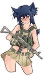  animal_ears armor assault_rifle augustusrowan bangs bare_shoulders blue_hair blush closed_eyes contrapposto cowboy_shot cropped_legs dog_ears fang fang_out galil_ar_(upotte!!) gloves gun hair_between_eyes holding holding_gun holding_weapon imi_galil long_hair looking_at_viewer miniskirt naked_plate_carrier nose_blush plate_carrier pleated_skirt rifle short_hair simple_background skirt smile standing swaying trigger_discipline upotte!! vertical_foregrip weapon white_background 