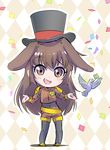  animal_ears bird brown_eyes brown_hair bunny_ears chibi clover commentary dove four-leaf_clover hat iesupa jojo_no_kimyou_na_bouken rwby rwby_chibi smug too_bad!_it_was_just_me! top_hat velvet_scarlatina 