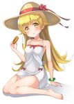  2drr absurdres bakemonogatari barefoot blonde_hair blush bracelet doughnut dress food hat highres jewelry long_hair monogatari_(series) nisemonogatari oshino_shinobu shiny shiny_hair shiny_skin simple_background sitting solo strap_slip sundress white_background yellow_eyes 