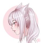  animal_ears artist_name cat_ears commentary earrings facial_mark final_fantasy final_fantasy_xiv from_side jewelry lips long_hair miqo'te nose parted_lips portrait profile shari_cote simple_background solo white_background white_hair 