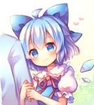  ahoge arm_hug blue_bow blue_eyes blue_hair blush bow cirno commentary_request hair_bow half_updo heart heart-shaped_pupils large_bow looking_at_viewer pjrmhm_coa puffy_short_sleeves puffy_sleeves short_hair short_sleeves smile solo_focus symbol-shaped_pupils touhou upper_body wings 