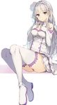  1girl boots braid crown_braid emilia_(re:zero) flower gloves hair_flower hair_ornament hands_on_breasts highres long_hair looking_at_viewer pointy_ears purple_eyes re:zero_kara_hajimeru_isekai_seikatsu rurikoma silver_hair sitting tagme thighhighs very_long_hair white_background white_boots white_gloves white_hair white_legwear 