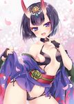  :d ass_visible_through_thighs bangs bare_shoulders black_hair blunt_bangs blush bob_cut breasts cherry_blossoms contrapposto cowboy_shot eyebrows_visible_through_hair eyelashes fangs fate/grand_order fate_(series) finger_to_mouth fingerless_gloves fingernails floral_background flower gem gloves hair_ornament hikimayu horns japanese_clothes kimono long_sleeves looking_at_viewer mitsuba_choco navel obi off_shoulder oni oni_horns open_mouth petals purple_eyes revealing_clothes sash short_hair shuten_douji_(fate/grand_order) small_breasts smile solo standing thick_eyebrows wide_sleeves 
