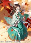  arrow autumn_leaves bridge brown_hair from_above glasses gloves green_eyes japanese_clothes looking_at_viewer official_art reflection sengoku_taisen standing water watermark white_gloves yuzuki_kihiro 