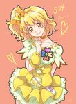  arm_behind_back blonde_hair bow character_name chocokin choker closed_mouth cowboy_shot cure_pine earrings fresh_precure! hair_bow hair_ornament head_tilt heart heart_earrings heart_hair_ornament jewelry looking_at_viewer magical_girl orange_bow orange_choker orange_eyes pink_background precure short_hair side_ponytail skirt smile solo wrist_cuffs yamabuki_inori yellow_skirt 