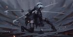  back_cutout black_dress black_footwear black_gloves black_hairband black_legwear blindfold boots character_name closed_mouth covered_eyes dress dual_wielding facing_viewer feather-trimmed_sleeves full_body gloves guweiz hairband high_heel_boots high_heels holding katana long_sleeves nier_(series) nier_automata one_knee short_hair silver_hair solo sword thigh_boots thighhighs thighhighs_under_boots vambraces weapon yorha_no._2_type_b 