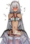  altera_(fate) bangs bare_shoulders belly_poke blunt_bangs blush breasts clothes_grab dark_skin dated detached_sleeves fate/grand_order fate_(series) finger_in_another's_navel heart looking_down midriff navel red_eyes rib:y(uhki) shiny shiny_skin short_hair signature small_breasts standing tattoo veil white_background white_hair 