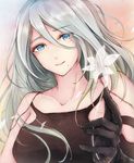  akira_(aky-la) bare_shoulders black_gloves blue_eyes blush breasts closed_mouth eyebrows_visible_through_hair eyelashes flower gloves glowing hair_between_eyes hair_flower hair_ornament happy head_tilt lily_(flower) lipstick long_hair looking_at_viewer makeup medium_breasts mole mole_under_mouth nier_(series) nier_automata pink_lipstick silver_hair simple_background smile solo upper_body yorha_type_a_no._2 
