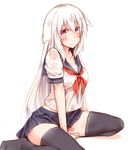  albino between_legs black_legwear blush breasts closed_mouth commentary_request frown hair_flaps hand_between_legs long_hair looking_at_viewer medium_breasts miniskirt neckerchief no_shoes original paw_print platinum_blonde_hair pleated_skirt red_eyes rinrin_(927413) school_uniform see-through_silhouette serafuku shirt short_sleeves simple_background sitting skirt solo sweat thighhighs very_long_hair wariza wet wet_clothes wet_shirt white_background 