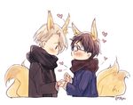  animal_ears bangs black_hair black_scarf blue-framed_eyewear blush closed_eyes closed_mouth couple extra_ears fox_ears fox_tail from_side frown glasses heart holding holding_hands holding_ring jewelry jewelry_removed katsuki_yuuri kemonomimi_mode long_sleeves looking_at_another lowres male_focus motion_lines multiple_boys naho_(pi988y) profile putting_on_jewelry ring scarf silver_hair simple_background tail upper_body viktor_nikiforov white_background yaoi yuri!!!_on_ice 