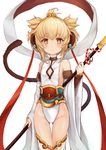  3.14 andira_(granblue_fantasy) animal_ears ass_visible_through_thighs bangs blonde_hair closed_mouth cowboy_shot detached_sleeves erune eyebrows_visible_through_hair granblue_fantasy highleg highleg_leotard holding holding_staff leotard looking_at_viewer monkey_ears monkey_tail sash shawl short_hair simple_background solo staff tail thigh_gap thighs white_background wide_sleeves yellow_eyes 