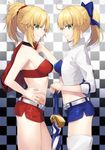  2girls ahoge blonde_hair bow breasts checkered checkered_background citron_82 closed_umbrella excalibur eyebrows_visible_through_hair fate/apocrypha fate/grand_order fate/stay_night fate_(series) green_eyes hair_bow highres long_hair looking_at_viewer multiple_girls ponytail profile race_queen saber saber_of_red short_shorts shorts smile umbrella 