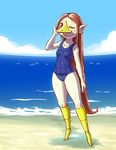  animal_humanoid avian avian_humanoid beach beak brown_hair clothing female hair humanoid long_hair medli nintendo one_eye_closed outside pointy_ears red_eyes rito seaside seaworm solo swimsuit the_legend_of_zelda video_games water wet wind_waker 