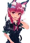  :d animal_ear_fluff animal_ears asuzemu bangs black_bow bow braid cat_ears cat_tail commentary_request eyebrows_visible_through_hair hair_bow highres kaenbyou_rin long_hair looking_at_viewer open_mouth red_eyes red_hair simple_background smile solo tail teeth touhou twin_braids white_background 