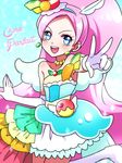  :d blue_background blue_eyes blue_hairband blue_skirt boots character_name cure_parfait earrings food food_themed_hair_ornament fruit gloves hair_ornament hairband jewelry kagami_chihiro kirahoshi_ciel kirakira_precure_a_la_mode layered_skirt long_hair looking_at_viewer magical_girl open_mouth orange orange_slice pink_hair precure rainbow_order skirt smile solo sparkle spoilers standing standing_on_one_leg v white_footwear white_gloves wide_ponytail 
