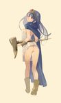  ass blue_hair blush boots breasts cape circlet cleavage commentary dragon_quest dragon_quest_iii dress elbow_gloves flat_ass from_behind full_body gloves head_tilt long_hair looking_at_viewer looking_back no_panties parted_lips popman3580 red_eyes sage_(dq3) short_dress simple_background small_breasts solo staff thighs weapon 