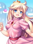  blonde_hair blue_eyes breasts breasts_apart chabo_(fuketsudan) covered_navel covered_nipples crown dress highres long_hair mario_(series) no_bra open_mouth pink_dress princess_peach small_breasts smile solo super_mario_bros. upper_body 