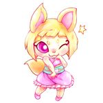  &lt;3 ;3 anthro bangs bare_shoulders blonde_hair blunt_bangs blush canine clothing cute digital_media_(artwork) eyebrows eyelashes female footwear fox full-length_portrait fur hair hand_to_face hi_res japanese_clothing kemono kimono kontan_(yo-kai_watch) mammal mouth_closed murufu obi one_eye_closed pink_eyes pink_nose pink_shoes portrait raised_tail shoes simple_background sleeveless smile solo standing star thick_eyebrows thick_tail video_games white_background white_pupils yellow_fur yellow_tail yo-kai_watch 