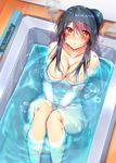  alternate_hairstyle bathing bathtub between_legs black_hair blush breasts burn_mark bust_cup cleavage collarbone covered_nipples eyebrows_visible_through_hair eyes_visible_through_hair gameplay_mechanics hand_between_legs haruna_(kantai_collection) highres kantai_collection large_breasts long_hair looking_at_viewer looking_up navel nude orange_eyes parted_lips partially_submerged remodel_(kantai_collection) smoke solo steam tied_hair tsukui_kachou 