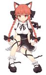  alternate_costume animal_ear_fluff animal_ears bangs black_bow black_footwear black_ribbon black_skirt bow braid breasts cat_ears extra_ears fang full_body hair_bow highres kaenbyou_rin large_breasts long_hair looking_at_viewer maid mary_janes miniskirt petticoat puffy_short_sleeves puffy_sleeves red_eyes red_hair ribbon shoes shone short_sleeves simple_background sitting skirt socks solo touhou twin_braids underbust white_background white_legwear wrist_cuffs 