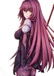  ass bodysuit breasts fate/grand_order fate_(series) gae_bolg holding holding_weapon large_breasts long_hair looking_back ohguro_mariya pauldrons polearm purple_bodysuit purple_hair red_eyes scathach_(fate)_(all) scathach_(fate/grand_order) simple_background solo spear weapon white_background 