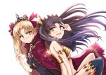  asymmetrical_legwear bangs black_hair black_legwear blonde_hair blush cape earrings ereshkigal_(fate/grand_order) fate/grand_order fate_(series) gold_trim grimjin hair_ribbon ishtar_(fate/grand_order) jewelry long_hair looking_at_viewer multiple_girls red_cape red_eyes red_ribbon ribbon simple_background single_thighhigh skull sweat thighhighs tiara twintails v 