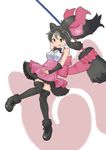  animal_ears bare_shoulders bear_ears bear_girl bear_paw_hammer bergman's_bear_(kemono_friends) black_hair bow bowtie brown_eyes commentary_request full_body fur_trim grey_hair highres japari_symbol kemono_friends long_hair multicolored_hair ponytail squid_neetommy staff thighhighs tongue tongue_out two-tone_hair white_background 